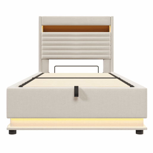 Cama estofada 90x200 cm - Com porta USB Tipo-C, iluminação LED, armazenamento hidráulico, compartimento Flip-Top, controlo por botãoApp, sem colchão - Bege