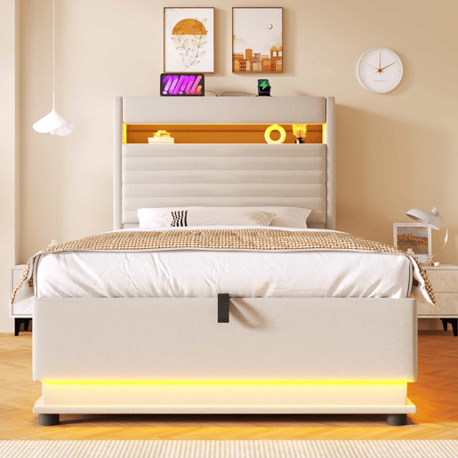 Cama estofada 90x200 cm - Com porta USB Tipo-C, iluminação LED, armazenamento hidráulico, compartimento Flip-Top, controlo por botãoApp, sem colchão - Bege