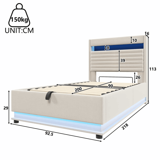 Cama estofada 90x200 cm - Com porta USB Tipo-C, iluminação LED, armazenamento hidráulico, compartimento Flip-Top, controlo por botãoApp, sem colchão - Bege