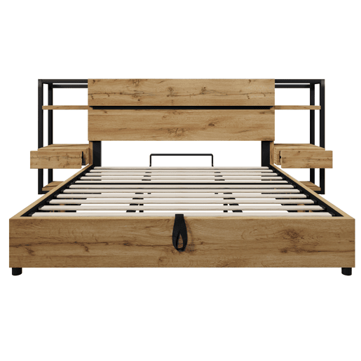 Cama de casal 180×200 cm - Cama hidráulica com arrumação, cabeceira com gavetas e portas USB e Type-C - Cor carvalho Cama de casal 180×200 cm - Cama hidráulica com arrumação, cabeceira com gavetas e portas USB e Type-C - Cor carvalho