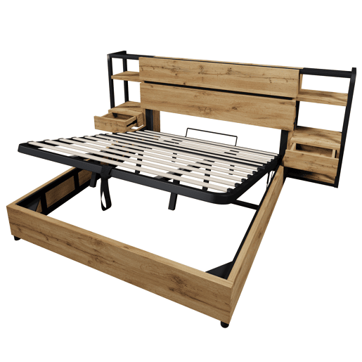Cama de casal 180×200 cm - Cama hidráulica com arrumação, cabeceira com gavetas e portas USB e Type-C - Cor carvalho Cama de casal 180×200 cm - Cama hidráulica com arrumação, cabeceira com gavetas e portas USB e Type-C - Cor carvalho