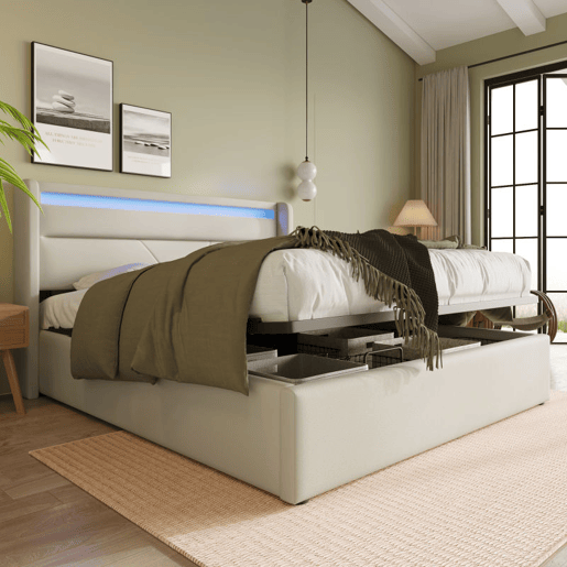 Cama de couro sintético de 140x200cm com LED - com estrado - Branco