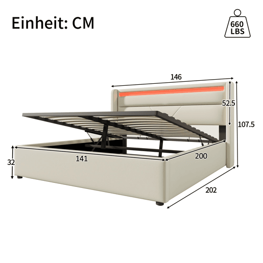 Cama de couro sintético de 140x200cm com LED - com estrado - Branco
