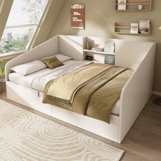 Cama hidráulica 140x190 - prateleiras, grande capacidade de armazenamento, USBType-C - branco