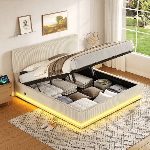 Cama estofada 160x200 - LED, USB-C, cabeceira ajustável, arrumação, tecido Cord - Bege