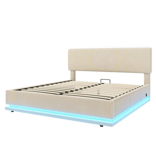 Cama estofada 160x200 - LED, USB-C, cabeceira ajustável, arrumação, tecido Cord - Bege