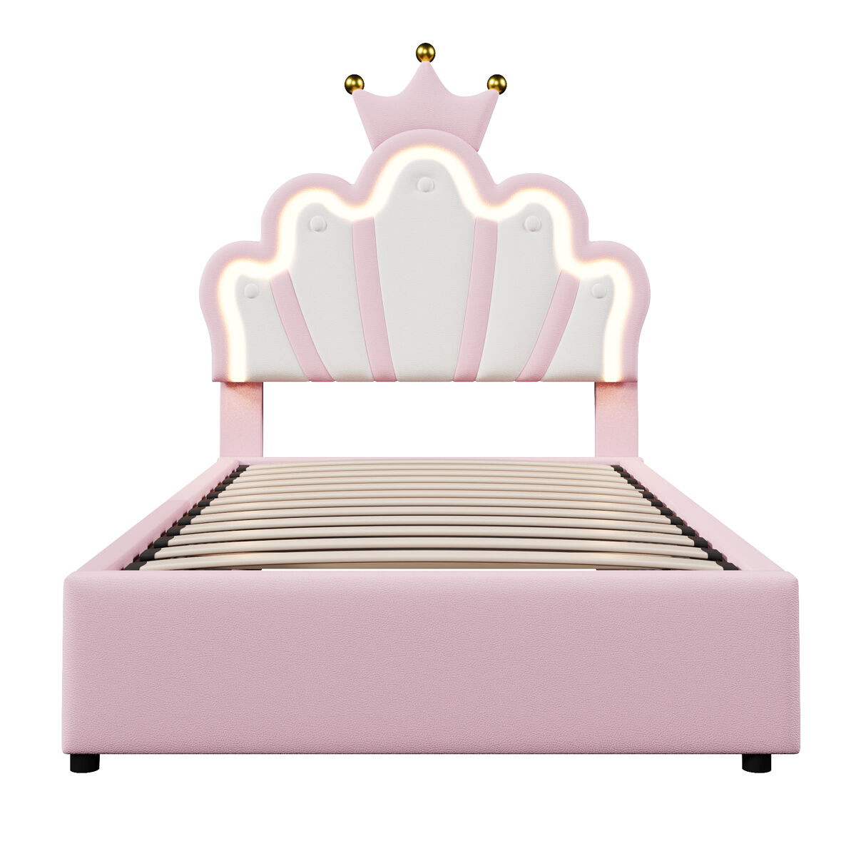 Cama tapizada 90x200 cm - sin colchón, luz led, mecanismo hidráulico, cama princesa con forma de corona, cabecero ajustable, pu - rosa