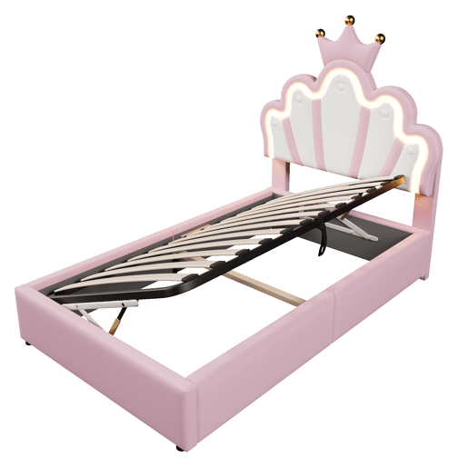 Cama estofada 90x200 cm - sem colchão, luz LED, mecanismo hidráulico, cama princesa em forma de coroa, cabeceira ajustável, PU - rosa