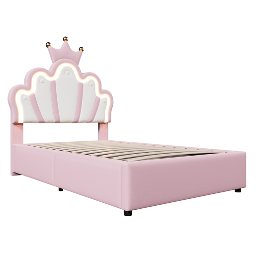 Cama estofada 90x200 cm - sem colchão, luz LED, mecanismo hidráulico, cama princesa em forma de coroa, cabeceira ajustável, PU - rosa