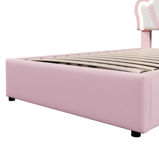Cama estofada 90x200 cm - sem colchão, luz LED, mecanismo hidráulico, cama princesa em forma de coroa, cabeceira ajustável, PU - rosa