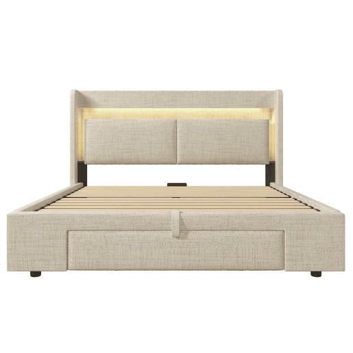Cama estofada 160x200 - armazenamento hidráulico, cabeceira com compartimento, LED, USBUSB-C - Bege