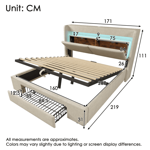 Cama estofada 160x200 - armazenamento hidráulico, cabeceira com compartimento, LED, USBUSB-C - Bege