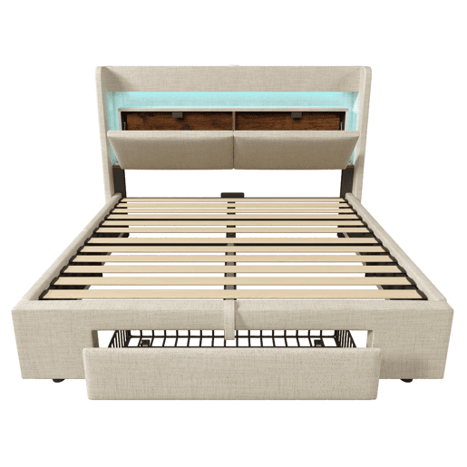 Cama estofada 160x200 - armazenamento hidráulico, cabeceira com compartimento, LED, USBUSB-C - Bege