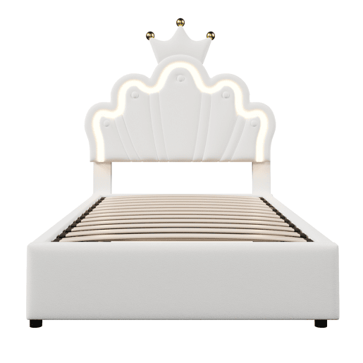 Cama estofada 90x200 cm - sem colchão, luz LED, mecanismo hidráulico, cama princesa em forma de coroa, cabeceira ajustável, PU - branco