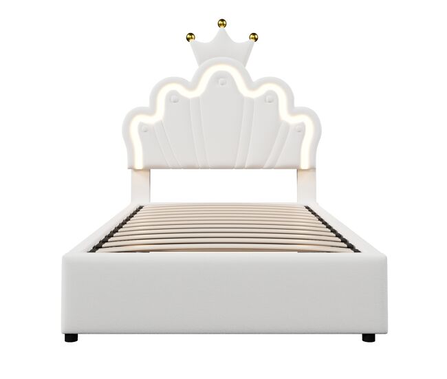 Cama tapizada 90x200 cm - sin colchón, luz led, mecanismo hidráulico, cama princesa con forma de corona, cabecero ajustable, pu - blanco