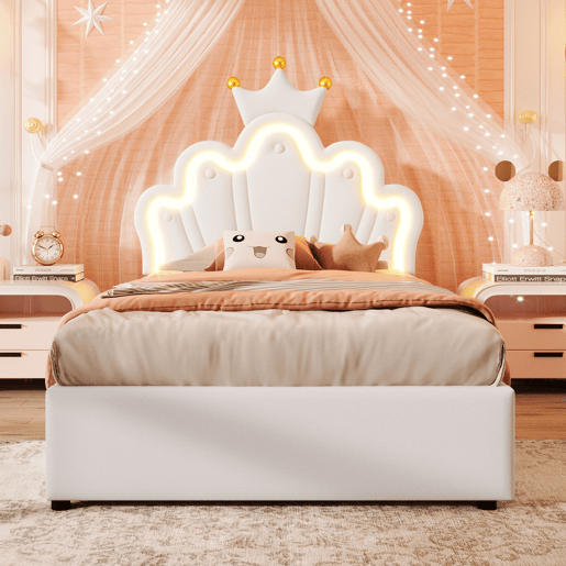 Cama estofada 90x200 cm - sem colchão, luz LED, mecanismo hidráulico, cama princesa em forma de coroa, cabeceira ajustável, PU - branco