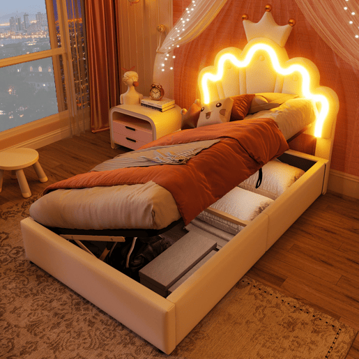 Cama estofada 90x200 cm - sem colchão, luz LED, mecanismo hidráulico, cama princesa em forma de coroa, cabeceira ajustável, PU - branco