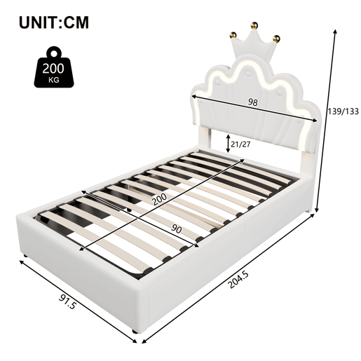 Cama estofada 90x200 cm - sem colchão, luz LED, mecanismo hidráulico, cama princesa em forma de coroa, cabeceira ajustável, PU - branco