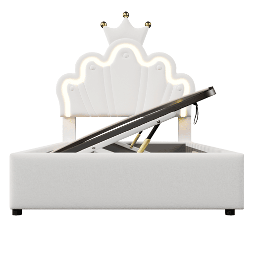 Cama estofada 90x200 cm - sem colchão, luz LED, mecanismo hidráulico, cama princesa em forma de coroa, cabeceira ajustável, PU - branco
