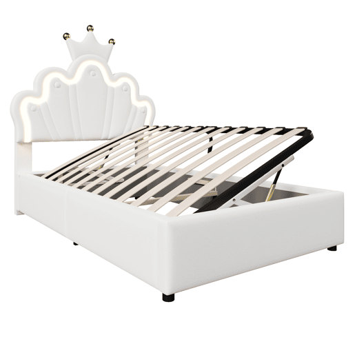 Cama estofada 90x200 cm - sem colchão, luz LED, mecanismo hidráulico, cama princesa em forma de coroa, cabeceira ajustável, PU - branco