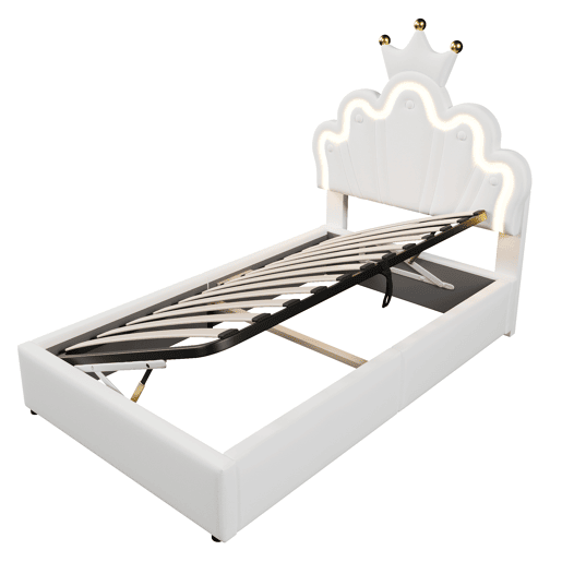 Cama estofada 90x200 cm - sem colchão, luz LED, mecanismo hidráulico, cama princesa em forma de coroa, cabeceira ajustável, PU - branco