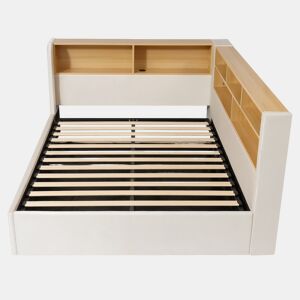 Daybett 140x190 cm - Cama multifuncional com armazenamento hidráulico, LED, USB, veludo - bege