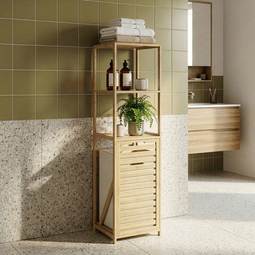Estante de casa de banho com cesto Anun bambu 130x36x33 cm - NaturalBeige en.casa