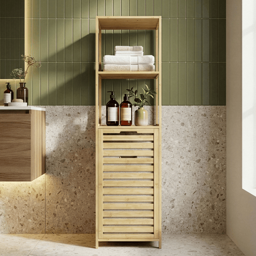 Estante de casa de banho com cesto Anun bambu 130x36x33 cm - NaturalBeige en.casa