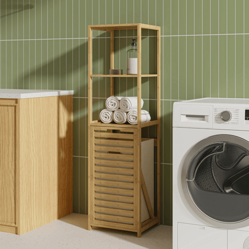 Estante de casa de banho com cesto Anun bambu 130x36x33 cm - NaturalBeige en.casa