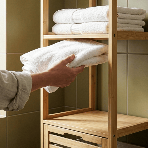 Estante de casa de banho com cesto Anun bambu 130x36x33 cm - NaturalBeige en.casa
