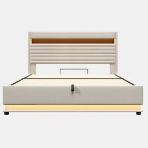 Cama estofada 180x200 cm - com função de carregamento USB Tipo-C, iluminação LED, armazenamento hidráulico, compartimento Flip-Top, sem colchão, controlo por botãoaplicação, linho - bege