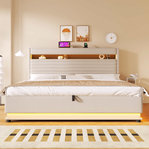 Cama estofada 180x200 cm - com função de carregamento USB Tipo-C, iluminação LED, armazenamento hidráulico, compartimento Flip-Top, sem colchão, controlo por botãoaplicação, linho - bege