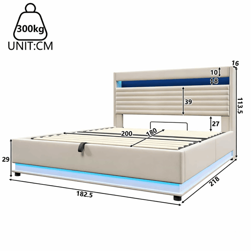 Cama estofada 180x200 cm - com função de carregamento USB Tipo-C, iluminação LED, armazenamento hidráulico, compartimento Flip-Top, sem colchão, controlo por botãoaplicação, linho - bege