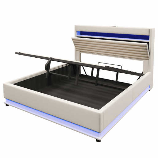 Cama estofada 180x200 cm - com função de carregamento USB Tipo-C, iluminação LED, armazenamento hidráulico, compartimento Flip-Top, sem colchão, controlo por botãoaplicação, linho - bege