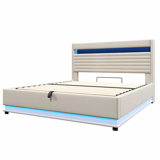 Cama estofada 180x200 cm - com função de carregamento USB Tipo-C, iluminação LED, armazenamento hidráulico, compartimento Flip-Top, sem colchão, controlo por botãoaplicação, linho - bege