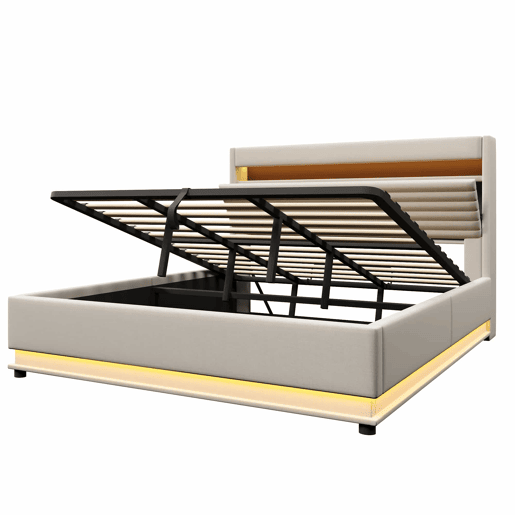 Cama estofada 180x200 cm - com função de carregamento USB Tipo-C, iluminação LED, armazenamento hidráulico, compartimento Flip-Top, sem colchão, controlo por botãoaplicação, linho - bege