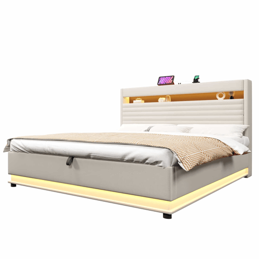 Cama estofada 180x200 cm - com função de carregamento USB Tipo-C, iluminação LED, armazenamento hidráulico, compartimento Flip-Top, sem colchão, controlo por botãoaplicação, linho - bege