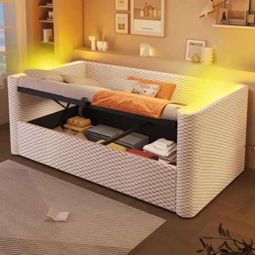 Cama de dia 90x200 cm - com iluminação LED, mecanismo hidráulico de arrumação, sem colchão, bege