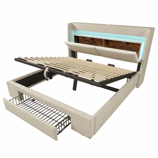 Cama estofada 180x200 - armazenamento hidráulico, cabeceira com compartimento, LED, USBUSB-C - Bege