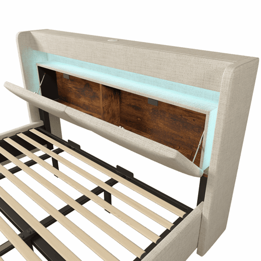 Cama estofada 180x200 - armazenamento hidráulico, cabeceira com compartimento, LED, USBUSB-C - Bege