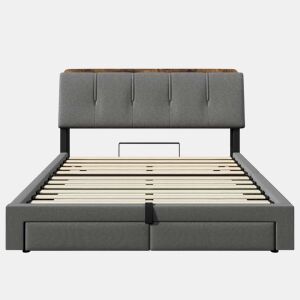 Cama estofada 140x200 cm - armazenamento hidráulico, USB Tipo-C, LED, linho, multifuncional - cinza
