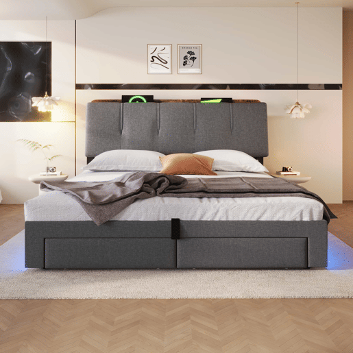 Cama estofada 140x200 cm - armazenamento hidráulico, USB Tipo-C, LED, linho, multifuncional - cinza