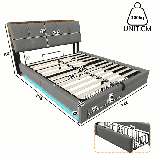 Cama estofada 140x200 cm - armazenamento hidráulico, USB Tipo-C, LED, linho, multifuncional - cinza