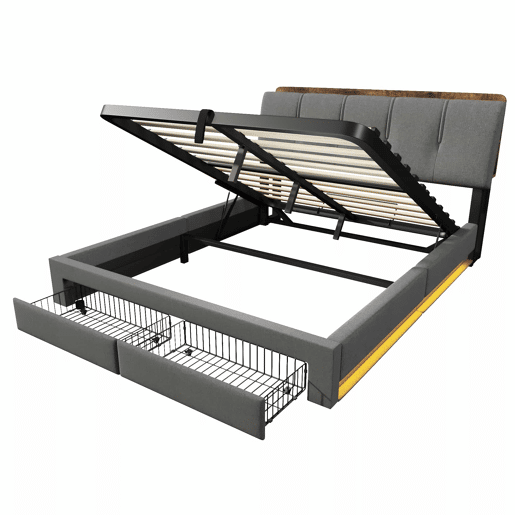 Cama estofada 140x200 cm - armazenamento hidráulico, USB Tipo-C, LED, linho, multifuncional - cinza