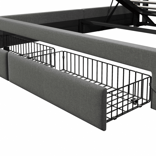 Cama estofada 140x200 cm - armazenamento hidráulico, USB Tipo-C, LED, linho, multifuncional - cinza