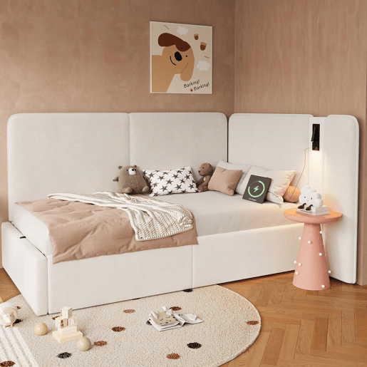 Cama de dia 90x200 cm - Cama estofada com arrumação hidráulica, porta USB e candeeiro de leitura - Bege