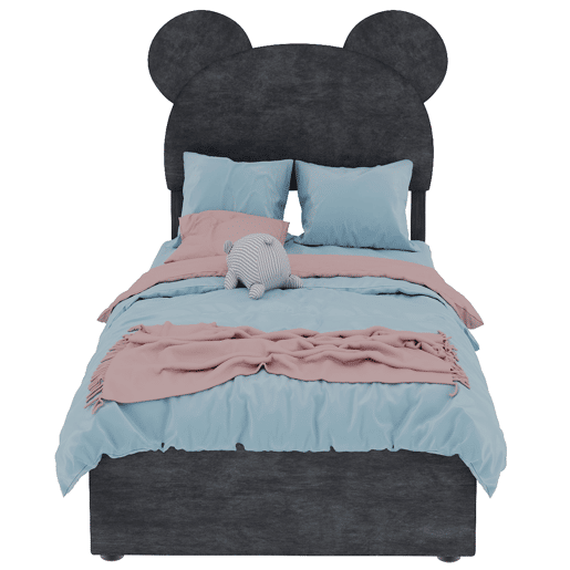 Cama infantil estofada 90x200 - cabeceira com desenhos animados, base com arrumação e pistão - cinzento