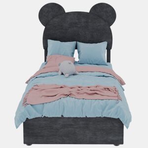 Cama infantil estofada 90x200 - cabeceira com desenhos animados, base com arrumação e pistão - cinzento