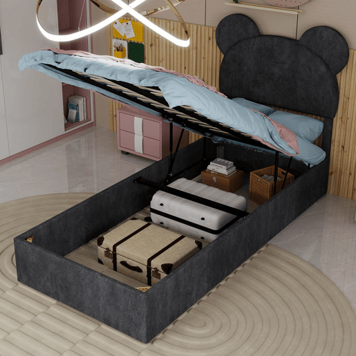 Cama infantil estofada 90x200 - cabeceira com desenhos animados, base com arrumação e pistão - cinzento