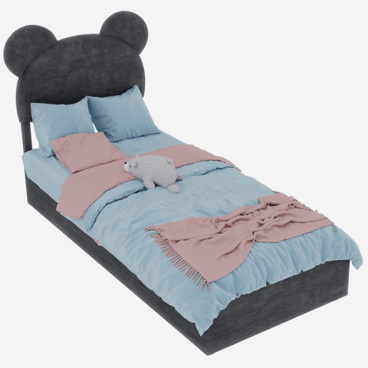 Cama infantil estofada 90x200 - cabeceira com desenhos animados, base com arrumação e pistão - cinzento